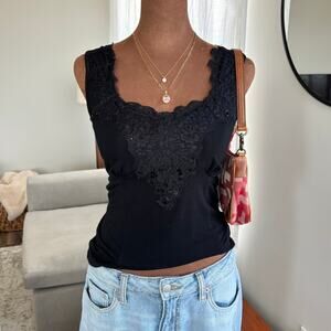 90s Vintage Worthington Stretch Black Sequin Embellished Lace Tank Size Small